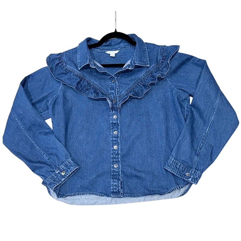 AMERICAN EAGLE Dark Denim Ruffle Blouse Shirt | Metal Buttons | Sz L